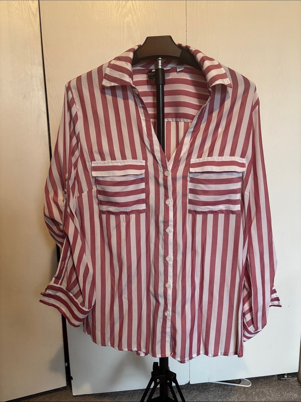 New York & Company Pink and White Vertical Stripe Button-Up Shirt